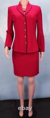 Collection St John Veste en maille rose Jupe taille L Costume 2 pièces Taille 10 Boutons Bordure noire