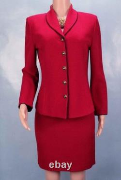 Collection St John Veste en maille rose Jupe taille L Costume 2 pièces Taille 10 Boutons Bordure noire