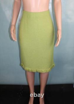 Collection St John en maille, veste verte, jupe, ensemble 2 pièces, taille L 10 12, finition à franges, effet scintillant