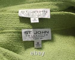Collection St John en maille, veste verte, jupe, ensemble 2 pièces, taille L 10 12, finition à franges, effet scintillant