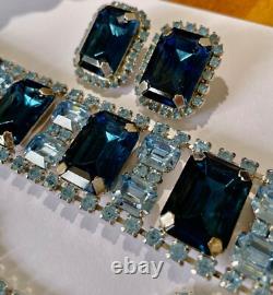 Collier, boucles d'oreilles et bracelet vintage en cristal bleu bicolore avec strass