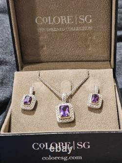 Colore SG. 925 et ensemble de collier et boucles d'oreilles en améthyste bicolore en or 18Kt avec boîte