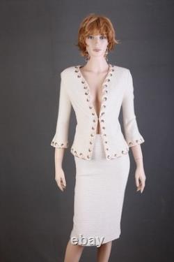 Costume en maille texturée 2 pièces St. John, veste + jupe, ivoire, taille 12, chic