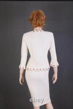 Costume en maille texturée 2 pièces St. John, veste + jupe, ivoire, taille 12, chic