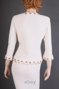 Costume en maille texturée 2 pièces St. John, veste + jupe, ivoire, taille 12, chic