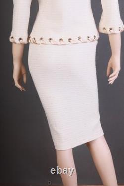 Costume en maille texturée 2 pièces St. John, veste + jupe, ivoire, taille 12, chic