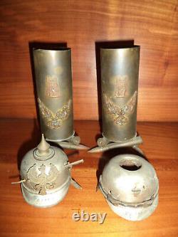 Deux Inkwell Patriotiques De La Première Guerre Mondiale Ont Posé Le Casque Prussien Reims Cathedral Bombage