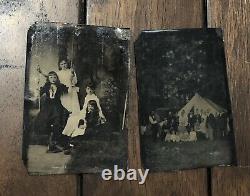 Deux photos au tintype des années 1800 incluant des filles en groupe en extérieur