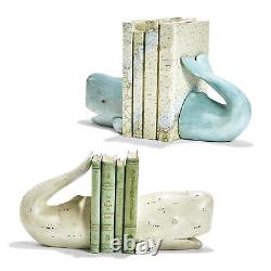 Deux socles de livres en forme de baleine, en duo, 2 ensembles bleus et blancs