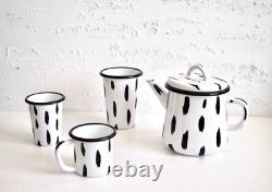 Ensemble Cadeau de Deux Tasses et Théière en Émail à Rayures