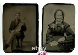 Ensemble De Deux Antique Tintype Type D'étain Photos Vieille Femme Et Homme Avec Violon
