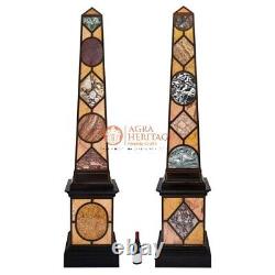 Ensemble De Deux Paires De Marbre Noir Designer Miniature Obélisques Multi Pierres Mosaic