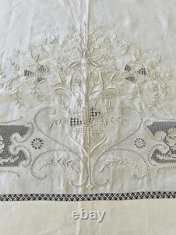 Ensemble ancien de couvre-lit/jeté de lit en pur lin et 2 taies, broderie à la main détaillée