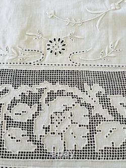 Ensemble ancien de couvre-lit/jeté de lit en pur lin et 2 taies, broderie à la main détaillée