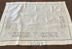 Ensemble ancien de couvre-lit/jeté de lit en pur lin et 2 taies, broderie à la main détaillée