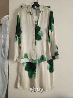 Ensemble coordonné ZARA Chemise fluide & pantalon de pyjama Floral Écru/vert Taille XL Neuf