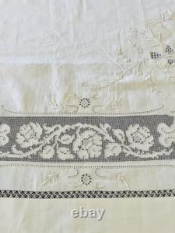 Ensemble couvre-lit/jeté de lit en pur lin ancien et 2 taies, broderie à la main détaillée