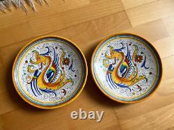 Ensemble de 2 assiettes à dessert vintage en céramique italienne Deruta Raffaellesco Dragon NEUF