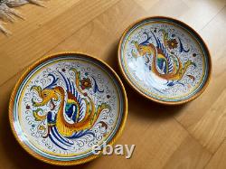 Ensemble de 2 assiettes à dessert vintage en céramique italienne Deruta Raffaellesco Dragon NEUF
