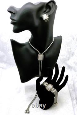 Ensemble de 3 pièces : Bracelet, Collier Lariat, Boucles d'oreilles en chaîne liquide avec cristaux pavé en ton argent.
