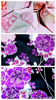 Ensemble de Yukata pour femmes en coton teint à l'écran, fleurs de cerisier, S/M, Japon