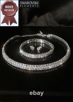 Ensemble de bijoux Swarovski Elements : collier choker à deux niveaux, bracelet tennis, boucles d'oreilles puces