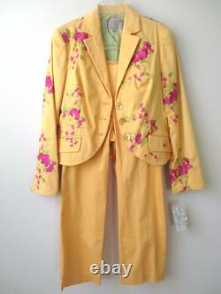 Ensemble de blazer et pantalon jaune brodé Earl Rutenberg Collection, taille S - neuf avec étiquette