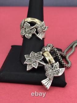 Ensemble de chaîne en argent sterling bicolore avec 16 fleurs et colibris, accompagné d'une bague taille 8.