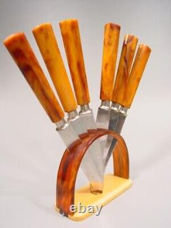 Ensemble de couteaux à fruits en bakélite marbrée ambre ART DECO à deux tons de couverts des années 1920 en catalin