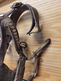 Ensemble de deux brides en cuir vintage pour chevaux de trait avec un design en acier, avec mors et rênes.
