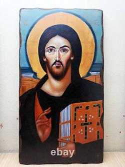 Ensemble de deux icônes orthodoxes grecques faites à la main : Pantocrator et Vierge Marie avec Jésus.