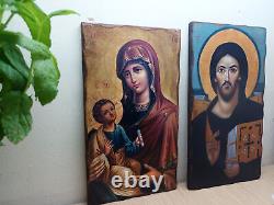 Ensemble de deux icônes orthodoxes grecques faites à la main : Pantocrator et Vierge Marie avec Jésus.