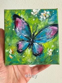 Ensemble de deux peintures à l'huile originales de papillons, petites, impressionnistes, collectionnables 4 x 4.