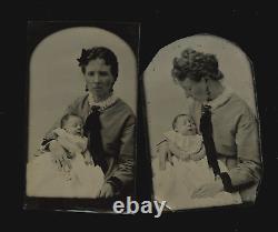 Ensemble de deux photos ambrotype : femme tenant un bébé endormi ou post-mortem