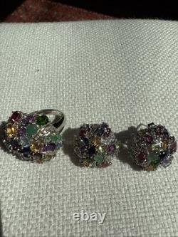 Ensemble de deux pièces en argent sterling, 925, topaze bleue et pierres, boucles d'oreilles et bague, taille 7