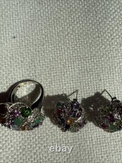 Ensemble de deux pièces en argent sterling, 925, topaze bleue et pierres, boucles d'oreilles et bague, taille 7