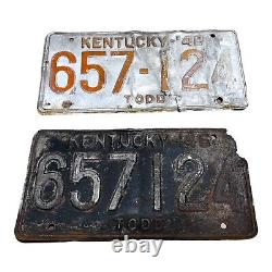 Ensemble de deux plaques d'immatriculation de collection rustiques du Kentucky Todd 1946 1948 Vtg 657 124