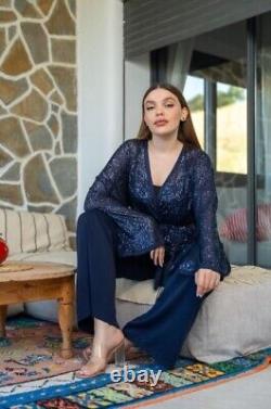 Ensemble de haut et de pantalon pour femmes en deux pièces fait main, robe kimono à sequins, style gitan hippy