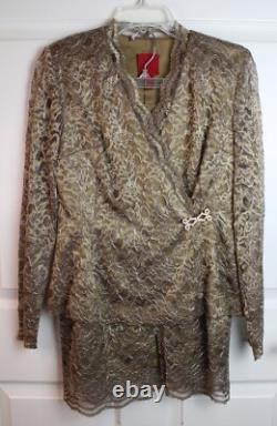 Ensemble de jupe en dentelle dorée 2 pièces JS des années 90, tenue de soirée, manches transparentes, taille 6