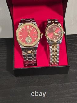 Ensemble de montres de luxe assorties pour lui et elle, bicolore or et argent, cadran rouge, présenté en coffret cadeau