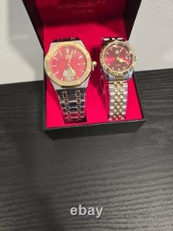 Ensemble de montres de luxe assorties pour lui et elle, bicolore or et argent, cadran rouge, présenté en coffret cadeau
