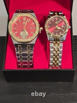 Ensemble de montres de luxe assorties pour lui et elle, bicolore or et argent, cadran rouge, présenté en coffret cadeau