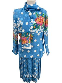 Ensemble de tailleur en soie Anne Crimmins Umi Collections à pois bleus taille 12 vintage années 80