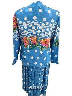 Ensemble de tailleur en soie Anne Crimmins Umi Collections à pois bleus taille 12 vintage années 80