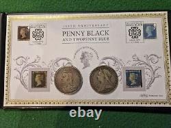 Ensemble de timbres Penny Black & Two Pence Blue avec des pièces de monnaie en argent de la reine Victoria