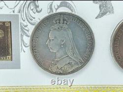 Ensemble de timbres Penny Black & Two Pence Blue avec pièces de monnaie en argent de la reine Victoria