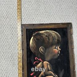 Ensemble de toilette pour salle de bain avec peintures de garçon et fille aux grands yeux en velours vintage du Mexique