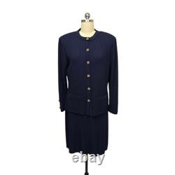 Ensemble de veste et robe St. John pour femmes 10 12 en tricot côtelé bleu marine avec boutons dorés