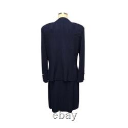 Ensemble de veste et robe St. John pour femmes 10 12 en tricot côtelé bleu marine avec boutons dorés