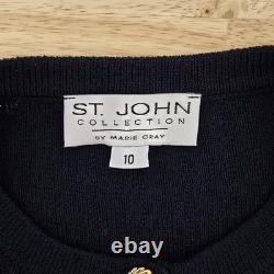 Ensemble de veste et robe St. John pour femmes 10 12 en tricot côtelé bleu marine avec boutons dorés